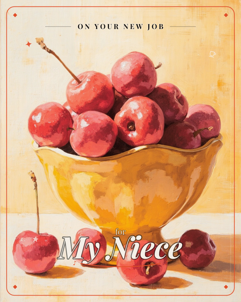 A scalloped golden-yellow bowl brims with small crab apples in deep pink and burgundy, their stems still attached, painted with loose, sun-warmed…, a new job e-card design