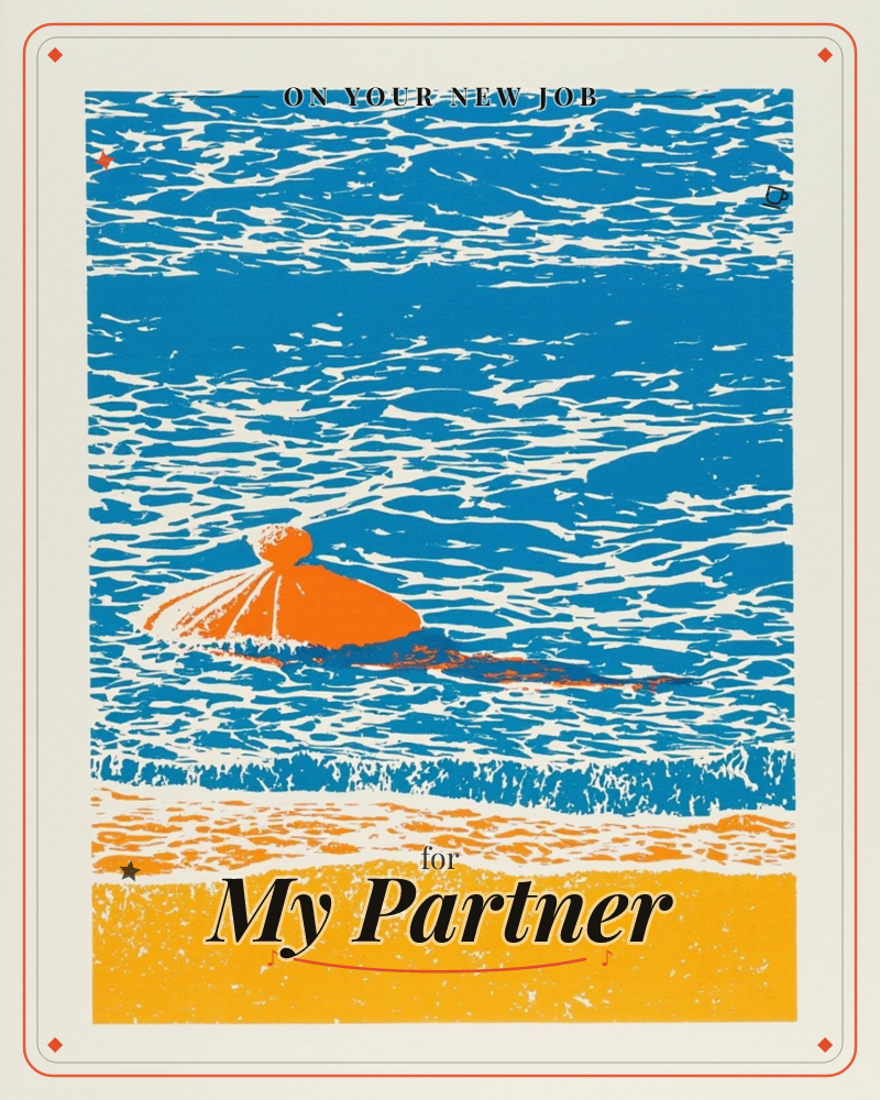 A print of a swimming cap bobbing in choppy blue sea, rendered in bold flat blocks of colour with rippling white highlights cutting through the water, a new job e-card design