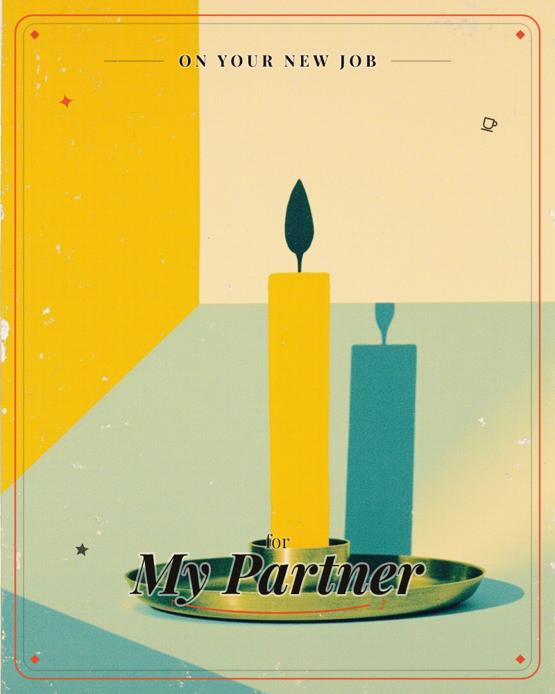 A single yellow candle burns steadily in a brass dish, its dark flame throwing a long teal shadow across the tabletop, a new job e-card design
