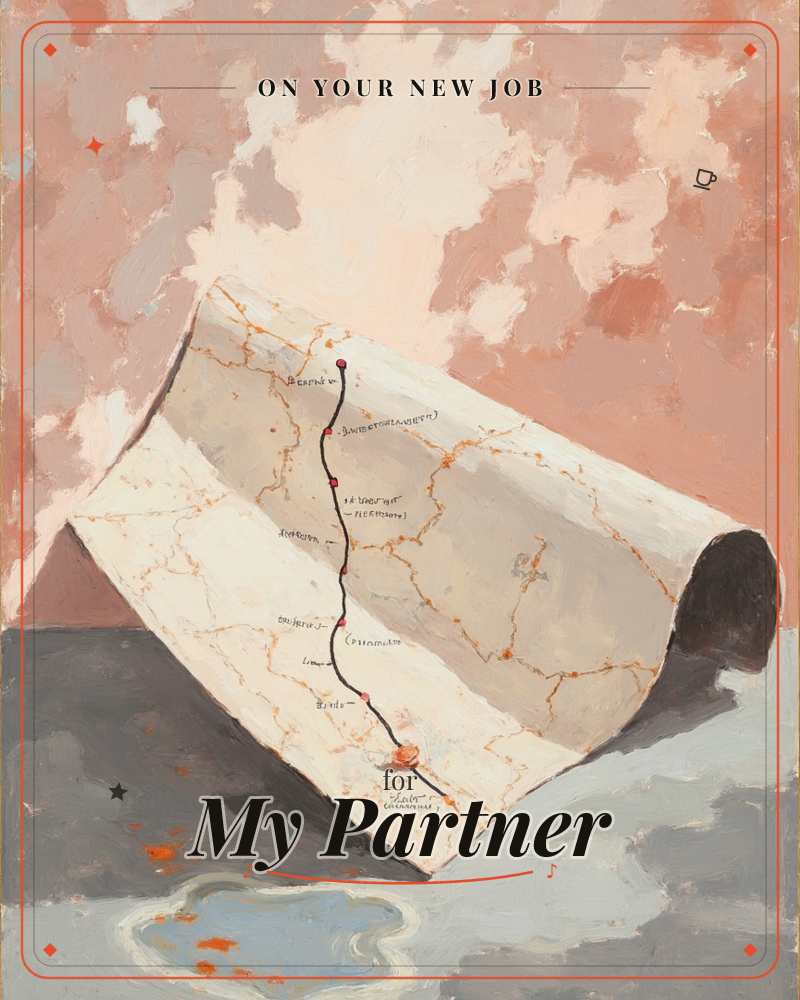 A folded paper map stands propped like a little tent on a grey surface, its curling edge casting a soft shadow, with a marked route of red dots and…, a new job e-card design