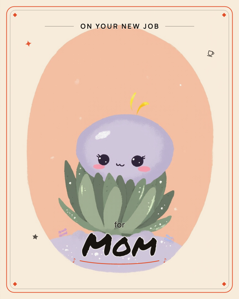 A round-faced cartoon creature with a smooth lavender head and small blushing cheeks peeks out from the centre of a plump green succulent, two tiny…, a new job e-card design