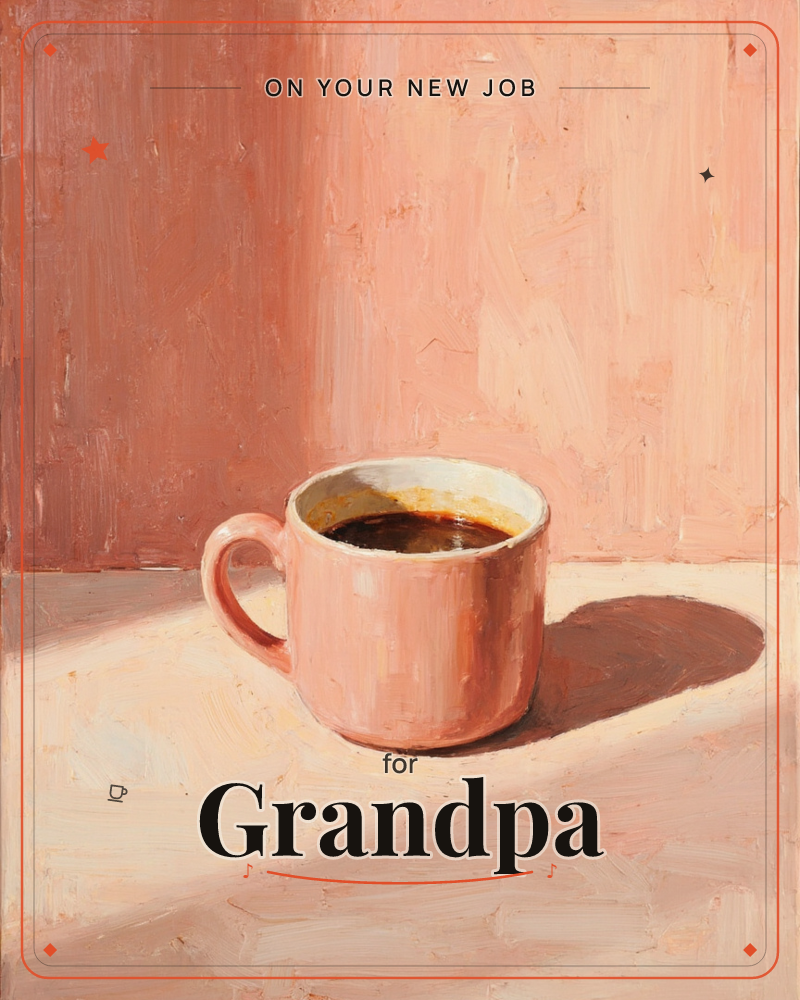 A pink ceramic mug sits half full of dark coffee on a bare tabletop, lit by a strong raking light that throws a long warm shadow across the surface, a new job e-card design
