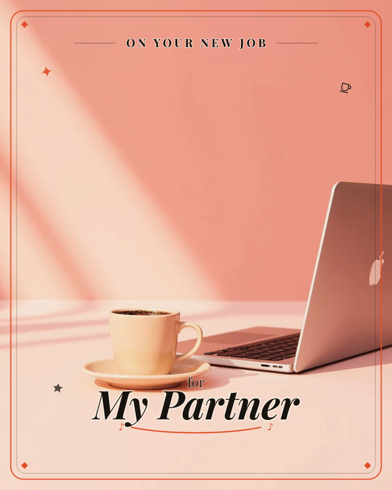 A coral-pink desktop scene with a laptop open at an angle beside a cup of coffee on a saucer, sharp diagonal beams of sunlight cutting across the wall…, a new job e-card design