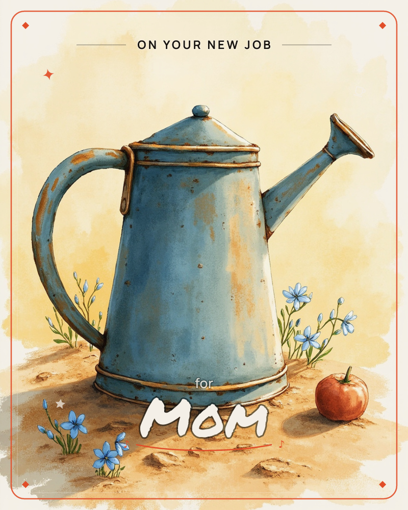 A weathered blue tin watering can, its paint chipped to reveal rust and gold beneath, stands in a patch of bare soil against a warm sandy-yellow backdrop, a new job e-card design