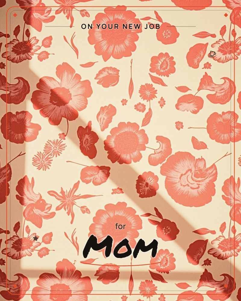 A cream background is covered edge to edge with a repeating print of coral and salmon flowers in varying sizes, from full peonies to tiny sprigs of…, a new job e-card design