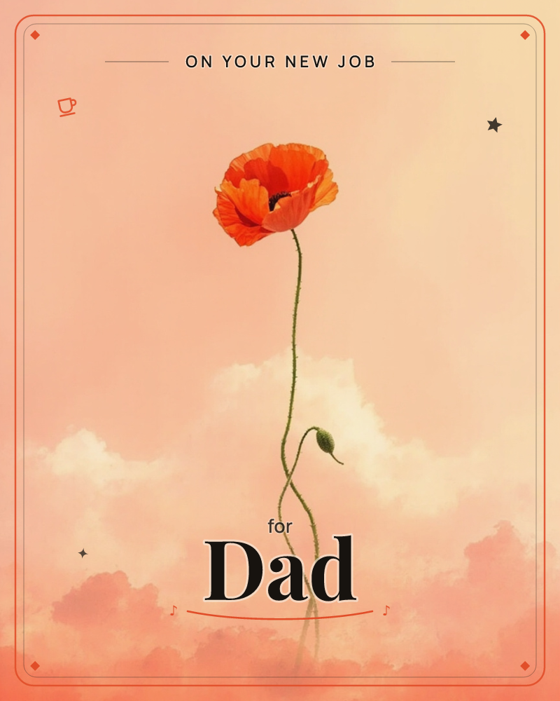 A single red poppy stands tall on a curving stem against a hazy peach-and-apricot sky, its petals catching a soft glow as if lit by sunrise, a new job e-card design