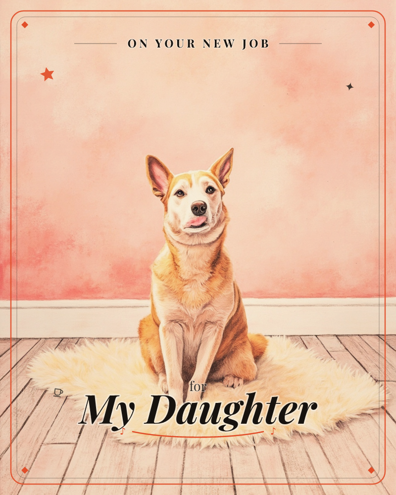 A tan and cream dog sits upright on a fluffy sheepskin rug, tongue out and ears perked, against a softly mottled pink wall and pale wooden floor, a new job e-card design
