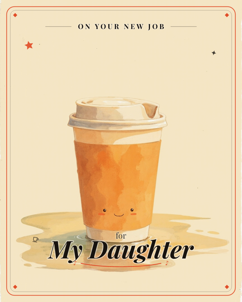 A takeaway coffee cup with a cream lid and sleeve sits on a pale cream background, a tiny smiling face with blushed cheeks painted onto its front, a new job e-card design