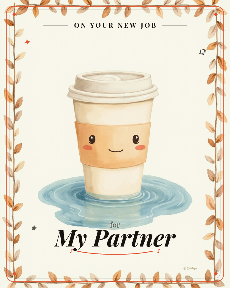 A cream-coloured to-go coffee cup with a smiling face sits atop a small painted puddle, its lid slightly ajar and its sleeve warmly shaded, a new job e-card design