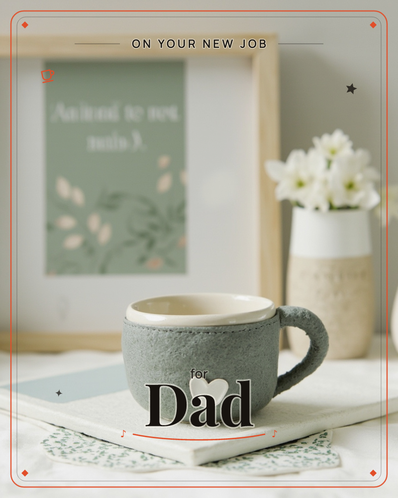 A softly textured sage-green mug with a small white heart sits on a stack of neutral linen-covered books, its cream interior glowing against the muted…, a new job e-card design
