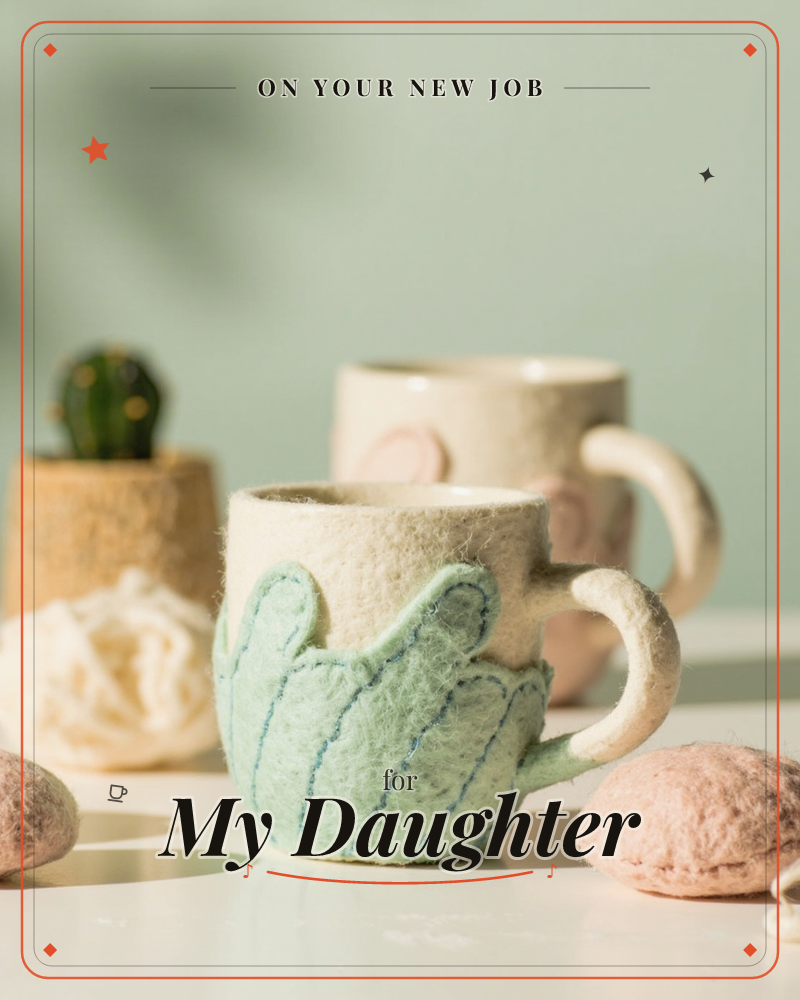 Two felted mugs sit on a pale tabletop against a soft sage-green wall, one wrapped in a stitched mint-leaf pattern, the other plain cream with a…, a new job e-card design