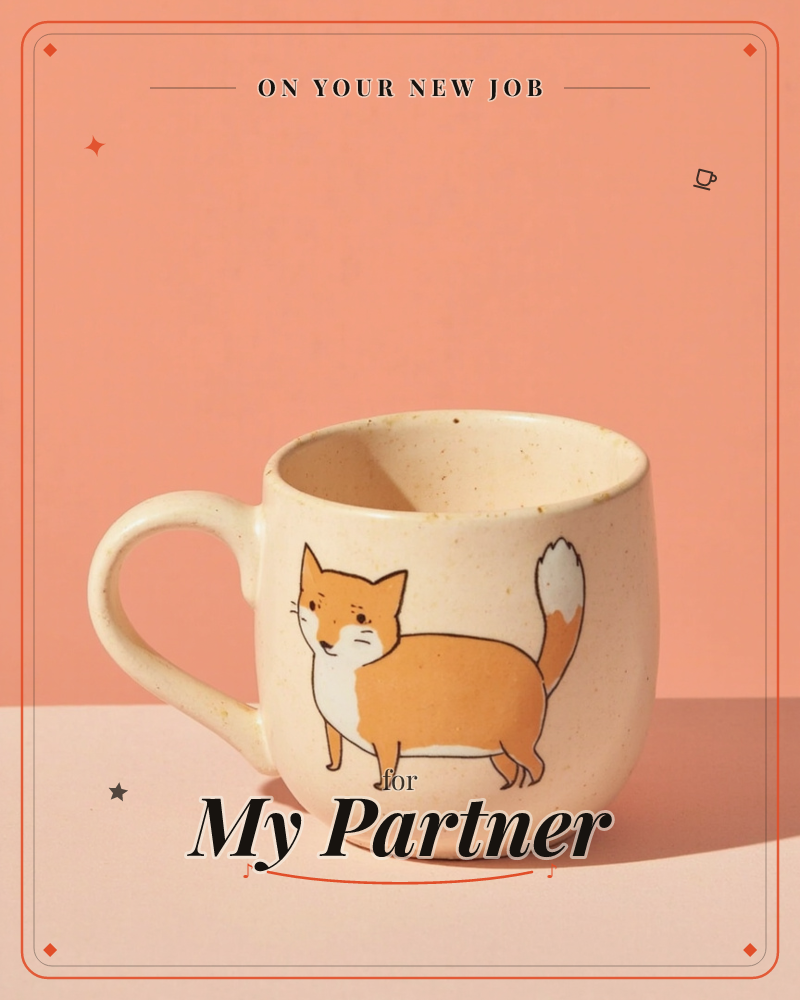 A speckled cream ceramic mug sits against a warm coral backdrop, sunlight casting a sharp shadow across the tabletop below it, a new job e-card design