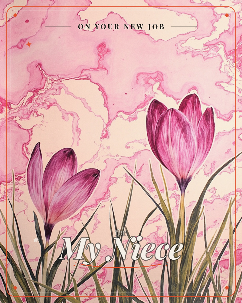 Two magenta crocuses rise on slender green stems against a marbled pink and cream background, their petals rendered in fine veined detail, a new job e-card design