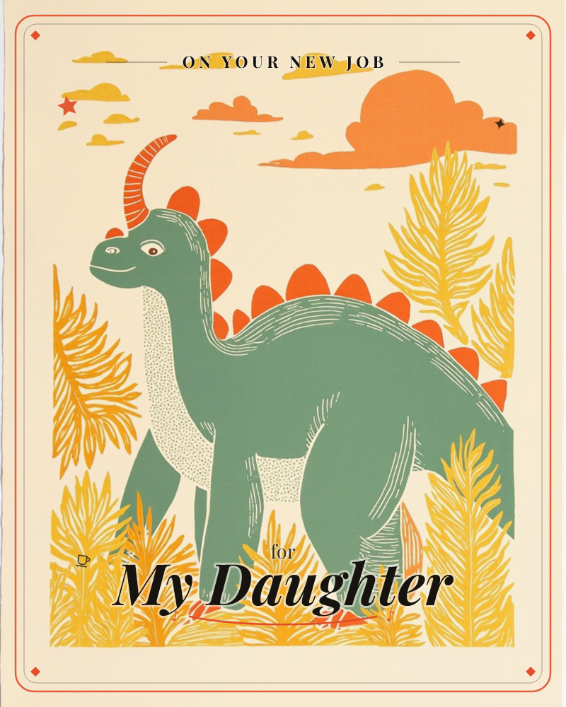 A friendly green dinosaur with a curling orange horn and spiked orange back plates strolls through a prehistoric landscape of tall golden fronds and ferns, a new job e-card design