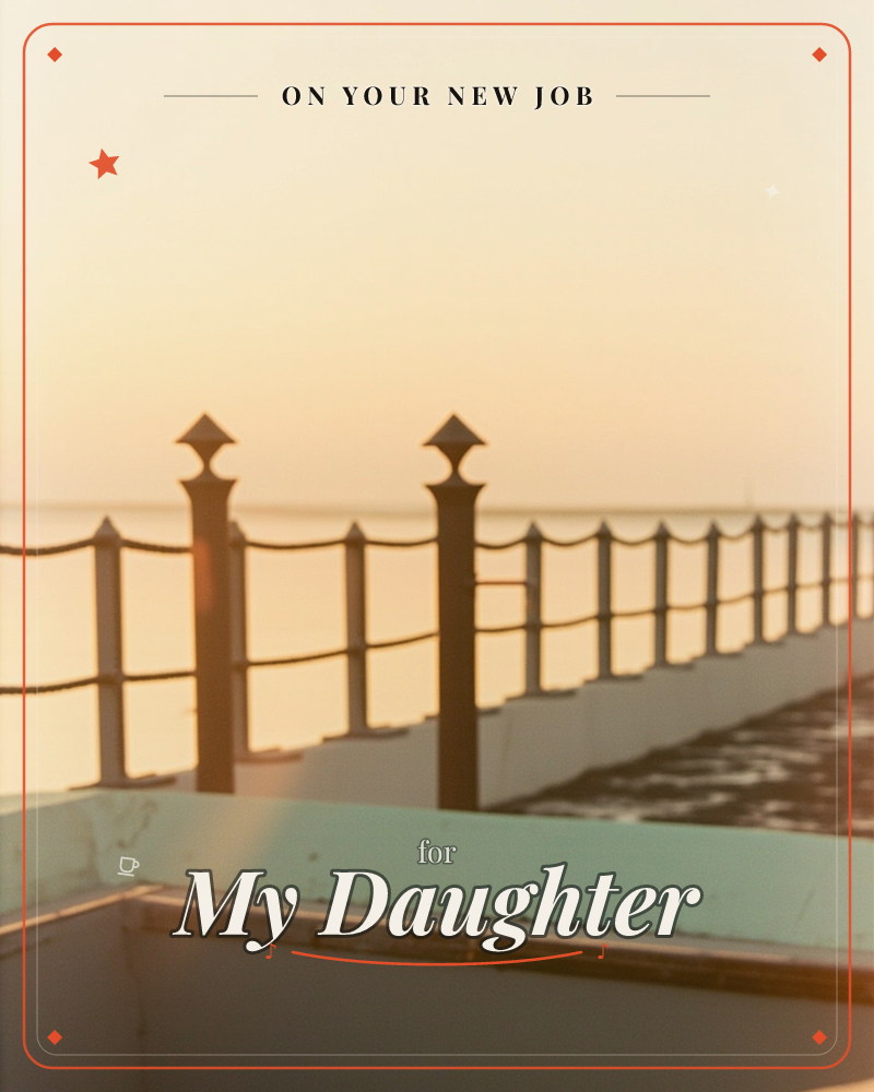 A seaside promenade fades into a hazy golden sunset, its ornate iron railing and rope chain stretching along a pale stone walkway beside a still sea, a new job e-card design