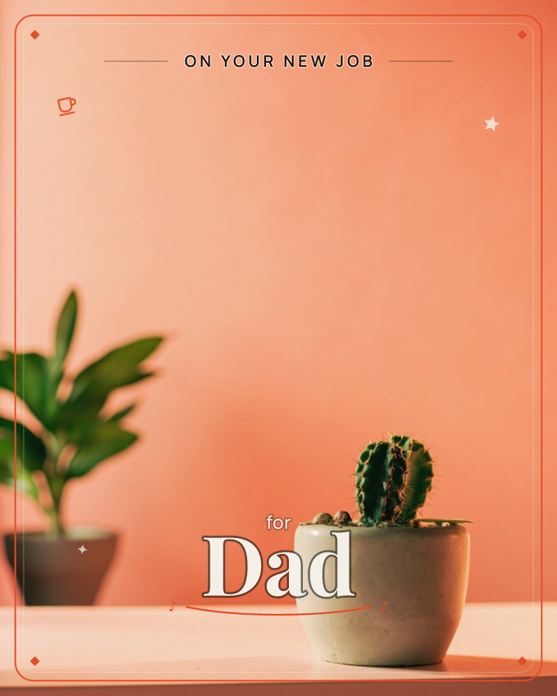 A small ribbed cactus sits in a pale stone pot beside a leafy potted plant, both set on a dark shelf against a glowing terracotta wall, a new job e-card design