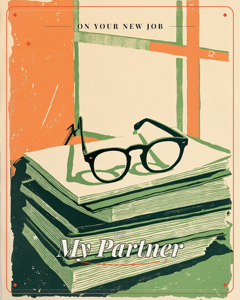 A stack of well-worn books sits before a windowpane rendered in bold orange and green stripes, a pair of round black-framed glasses resting on top of…, a new job e-card design