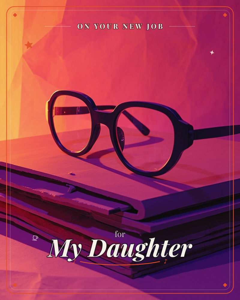 A pair of round black-framed glasses rests folded on top of a stack of worn notebooks, bathed in dramatic pink and amber light against a crumpled backdrop, a new job e-card design