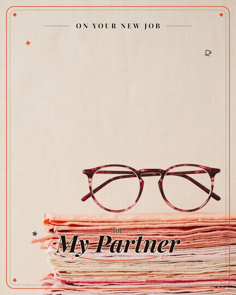 A pair of round tortoiseshell glasses rests atop a folded stack of newspapers, lit by a soft window glow against a warm linen backdrop, a new job e-card design