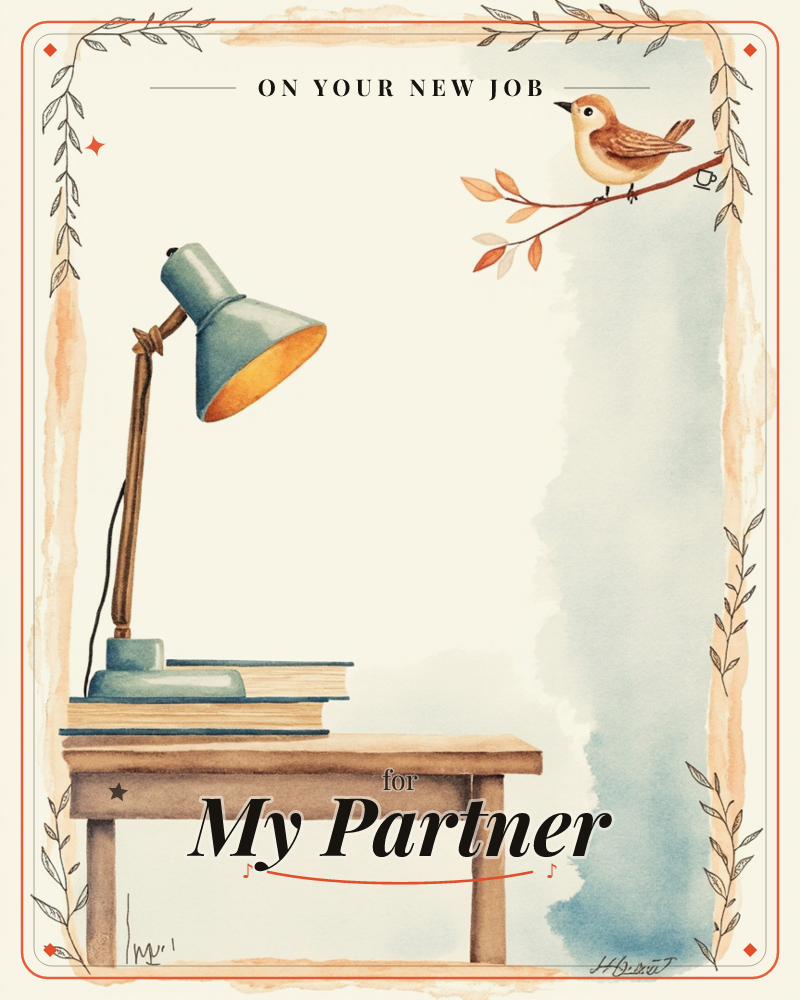 A watercolour desk scene shows a dusty-blue lamp glowing warmly atop a stack of books on a small wooden table, while a plump little bird perches on a…, a new job e-card design