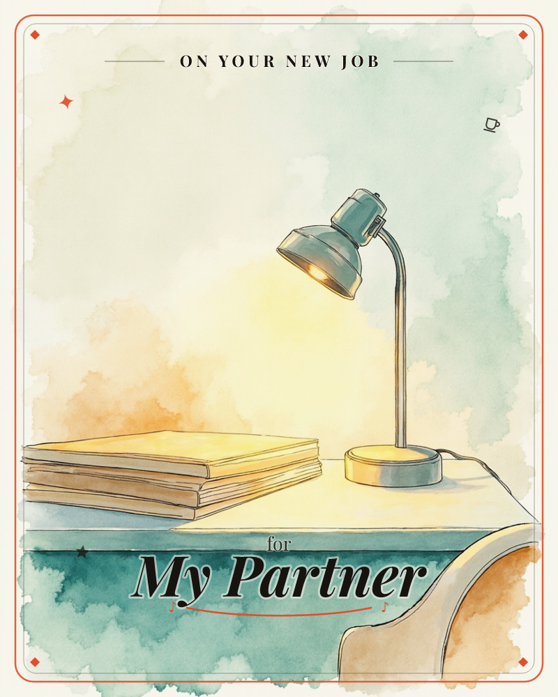 A watercolour desk scene shows a small metal lamp glowing warmly beside a stacked pile of books, its light spilling across the tabletop in soft yellow, a new job e-card design