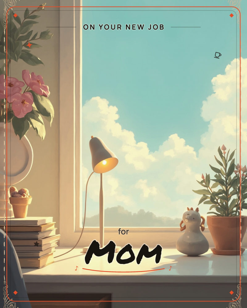 A sunlit windowsill desk holds a lit lamp, a stack of books, a vase of pink blossoms, and potted plants against a wide sky filled with soft clouds, a new job e-card design