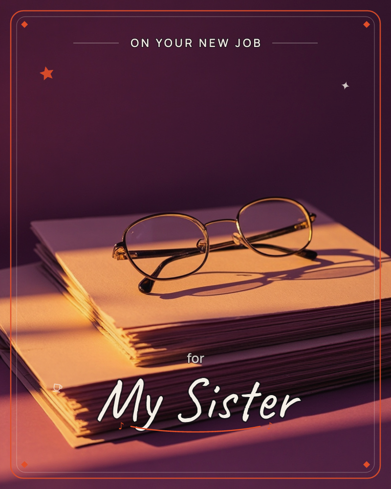 A pair of gold-rimmed reading glasses rests on top of a thick stack of paper, lit by a low, warm light against a deep plum backdrop, a new job e-card design