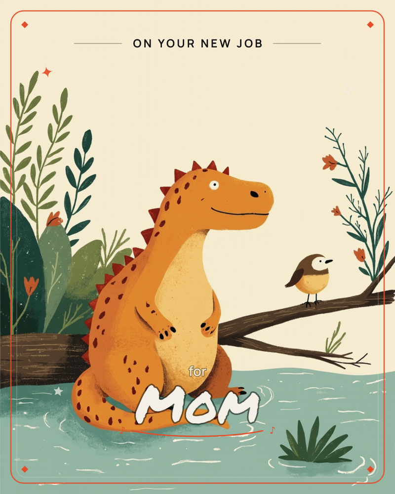 A friendly orange dinosaur with a spiked back sits smiling in shallow water beside a fallen log, sharing a quiet moment with a small bird perched on a…, a new job e-card design