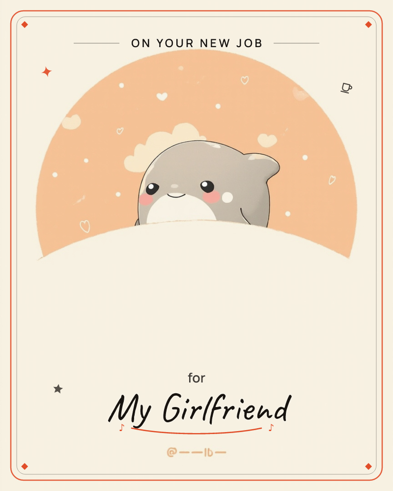 A round-bodied grey shark cub with rosy cheeks peeks over a pale horizon line, set against a soft peach dome scattered with tiny hearts and dots, a new job e-card design