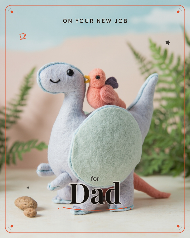 A felt toy long-necked dinosaur in soft grey-blue stands with a sage-green shell perched on its back, while a little felt bird with coral wings and a…, a new job e-card design
