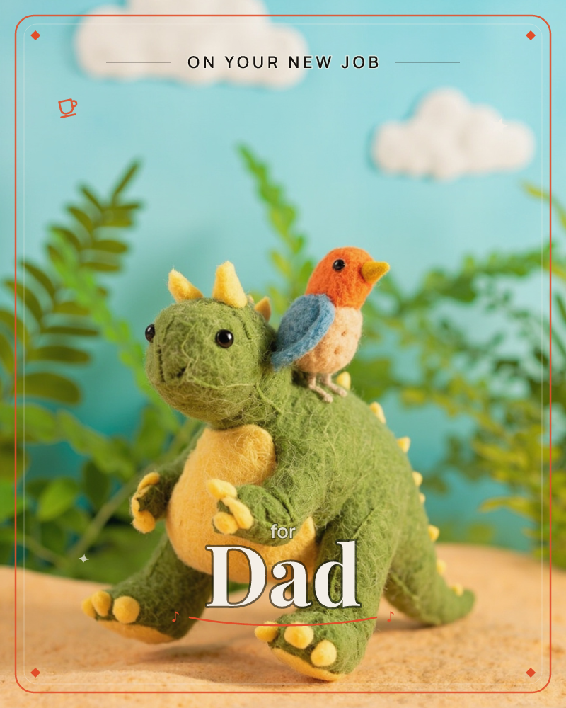 A felted green dinosaur with yellow spikes and belly strides across a sandy ground, a tiny felt bird with an orange head and blue-grey wings perched on…, a new job e-card design