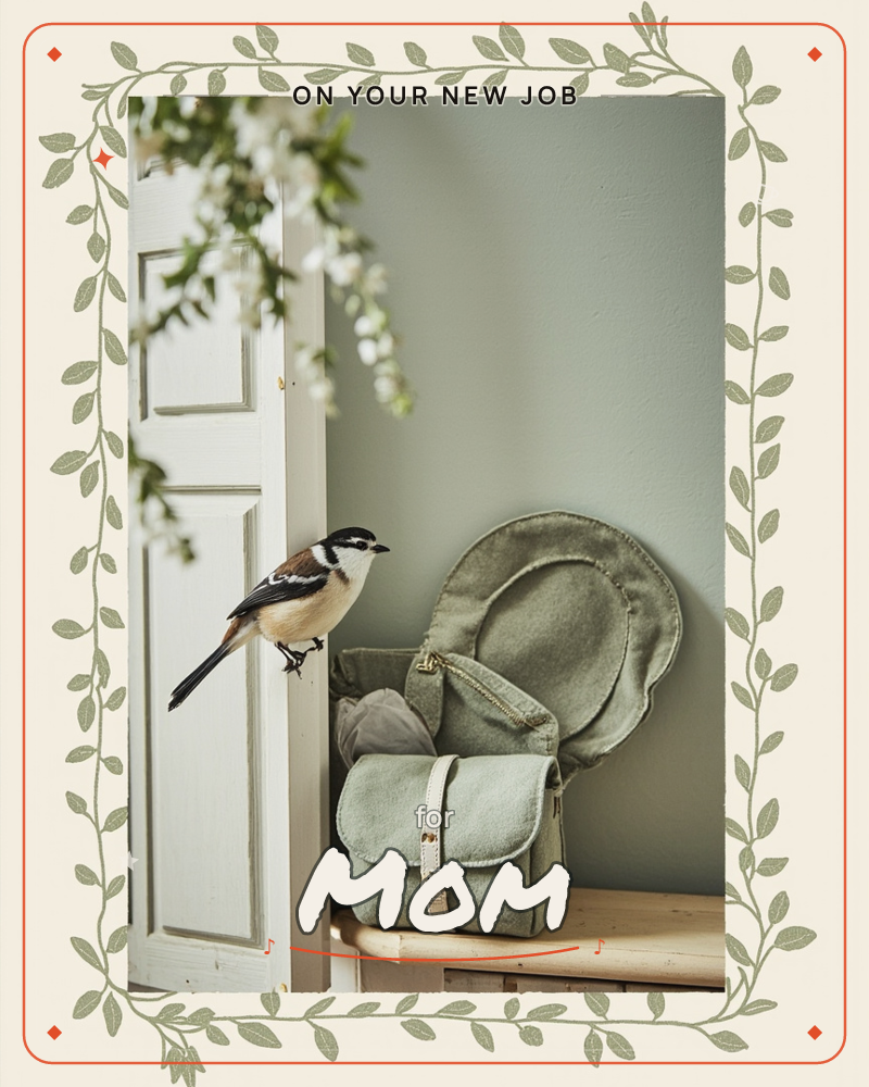 A small black-and-white bird perches on a half-open white door, framed by white blossom branches, while a sage-green satchel and a folded sunhat wait…, a new job e-card design