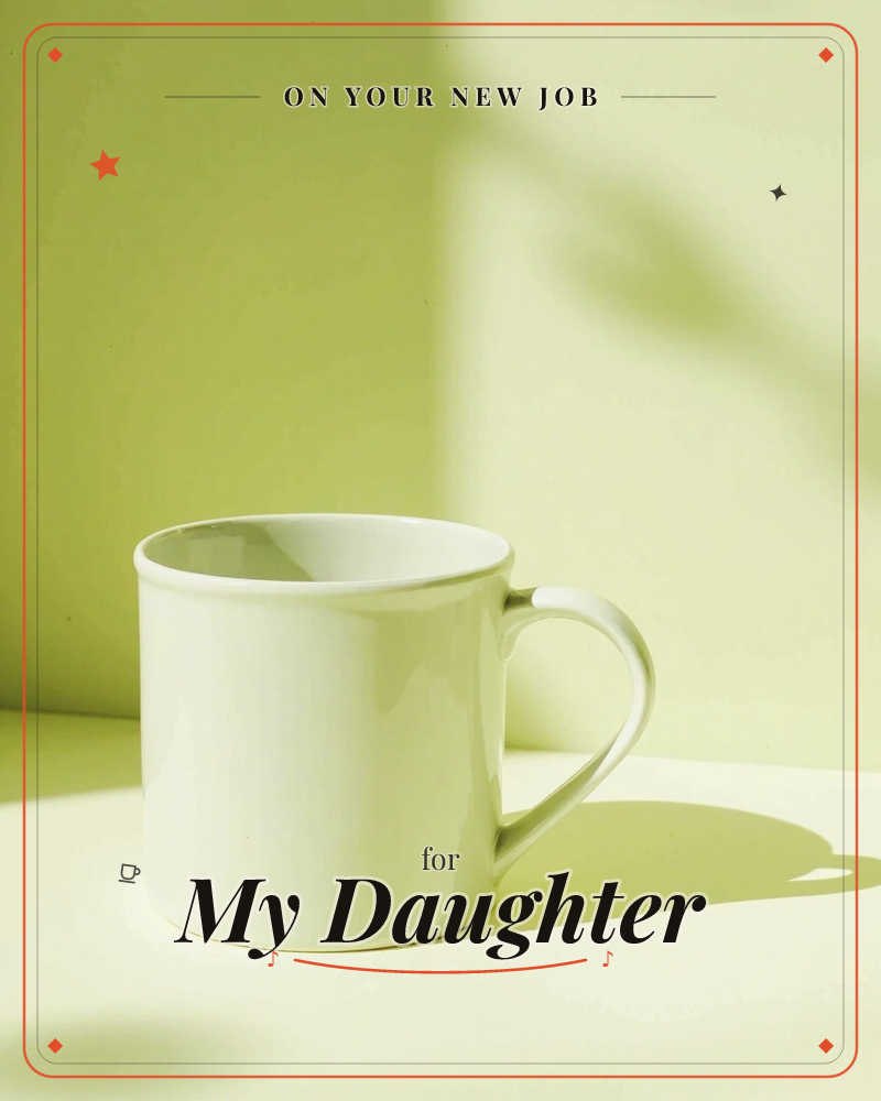 A plain ceramic mug sits on a pale chartreuse surface, bathed in bright sunlight that throws a soft leafy shadow across the wall behind it, a new job e-card design