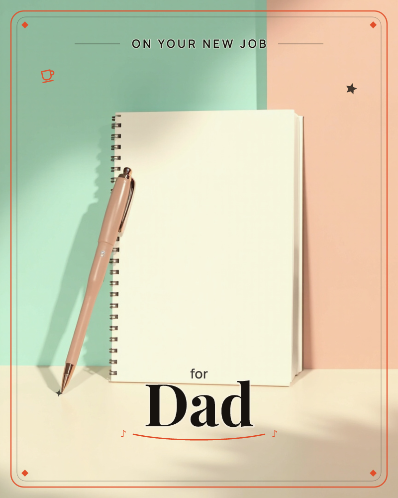 A spiral-bound notebook with blank cream pages leans against a wall split between mint green and peach, a blush pink pen propped against it, a new job e-card design