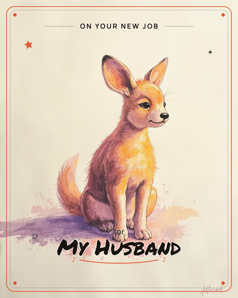 A young fennec fox with oversized ears sits neatly on a plain cream background, its golden and rust-brown fur rendered in soft watercolour washes with…, a new job e-card design