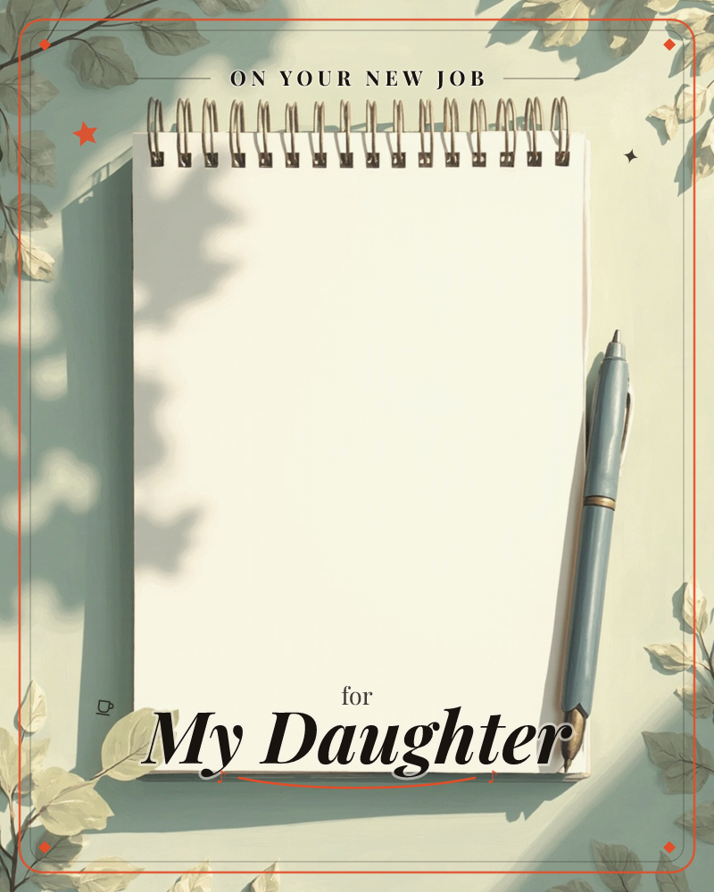 A spiral-bound notepad with a blank cream page lies on a soft sage-green surface, a slim blue-grey pen resting beside it, a new job e-card design
