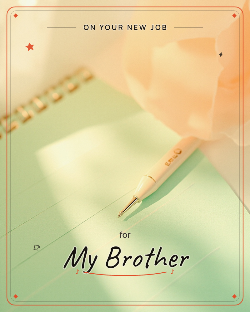 A soft-focus photograph shows a cream pen resting on a spiral-bound notebook with pale mint pages, warm sunlight raking across the paper in long…, a new job e-card design