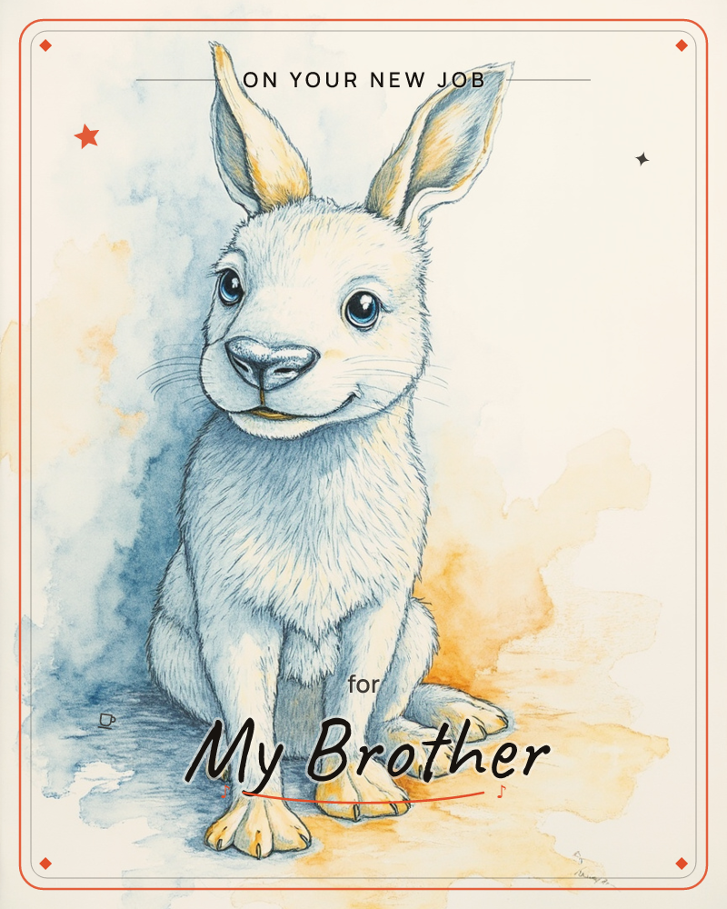 A white rabbit sits upright with tall pricked ears and a soft, curious smile, its fur rendered in fine watercolour hatching, a new job e-card design