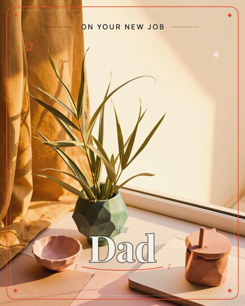 A slender potted plant sits on a sunlit windowsill beside a mustard curtain, its long grassy leaves catching the warm afternoon light, a new job e-card design