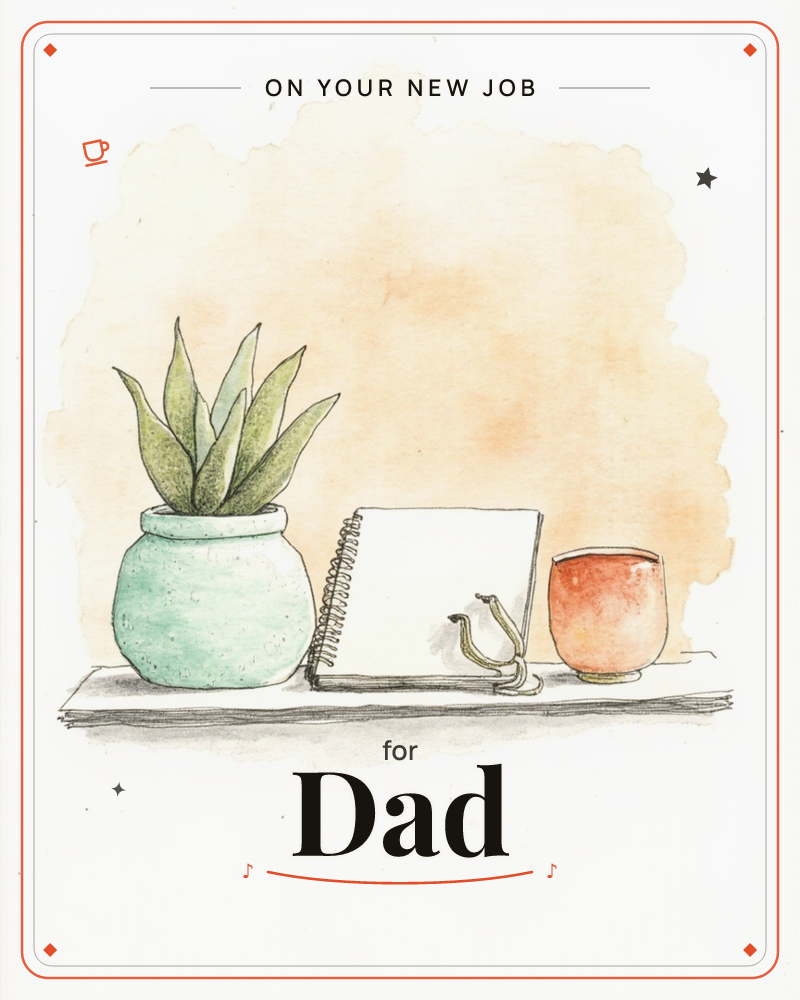 A pen-and-watercolour still life shows a mint-green pot with a spiky aloe plant, a blank spiral notebook, and a small terracotta cup lined up on a shelf, a new job e-card design