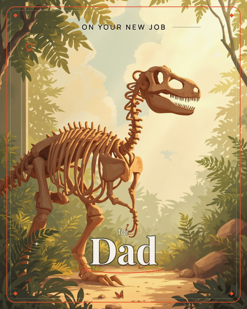A dinosaur skeleton stands upright in a sunlit clearing surrounded by dense leafy foliage and ferns, its bones rendered in warm amber and gold tones, a new job e-card design