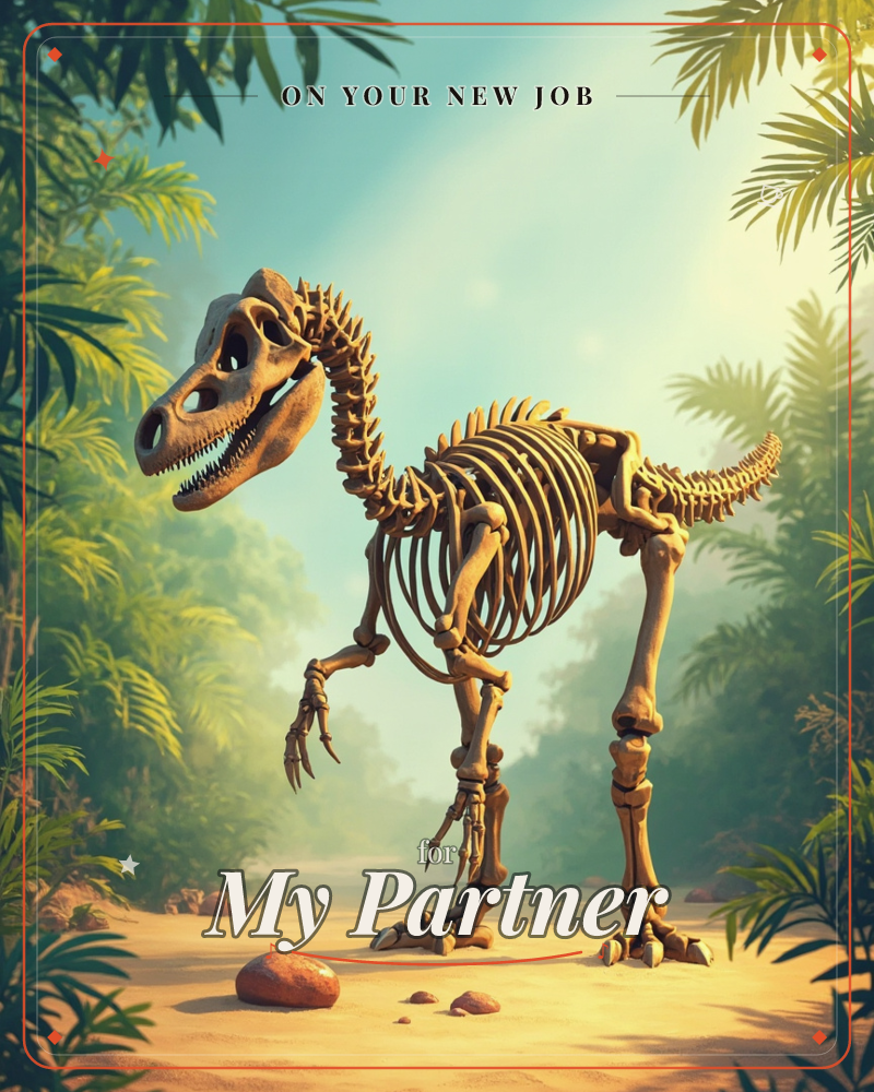 A dinosaur skeleton stands on a sandy jungle path, its bony frame lit by soft golden sunlight filtering through tall palm fronds, a new job e-card design