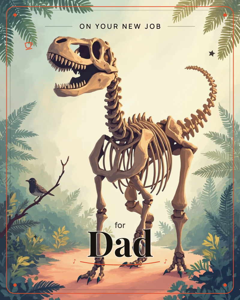 A dinosaur skeleton stands mid-stride on a dusty jungle path, jaws open and tail curled, framed by ferns and leafy fronds, a new job e-card design