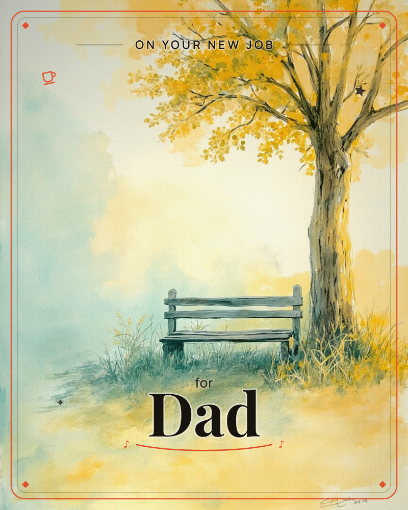 A weathered wooden bench sits empty beneath a golden autumn tree, its branches heavy with amber leaves against a soft misty backdrop of teal and cream, a new job e-card design
