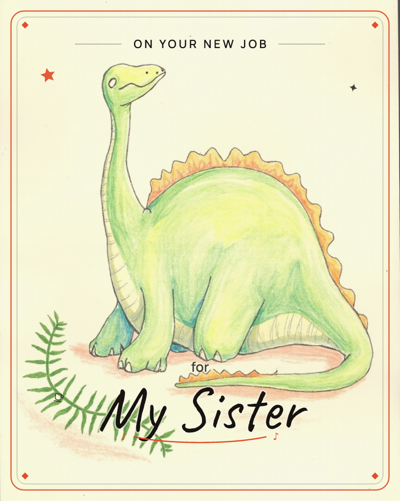 A cheerful green long-necked dinosaur sits on a plain cream background, its head tilted upward with a curious, friendly expression, a new job e-card design