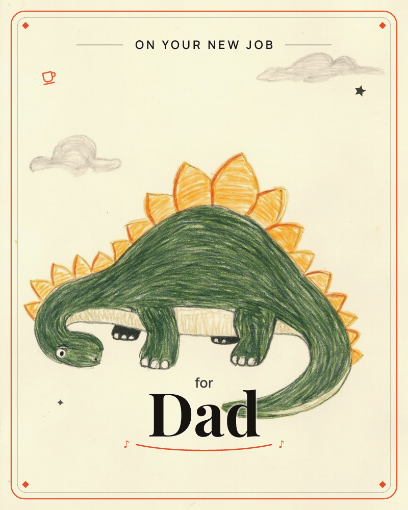 A hand-drawn green dinosaur with a row of orange plates along its back stands under a pale sky dotted with two soft grey clouds, a new job e-card design