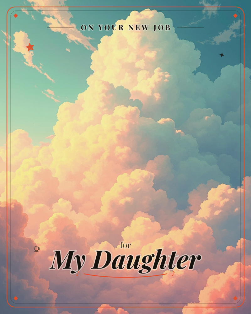 A towering mass of cumulus cloud fills the frame, its peaks lit golden-cream while the underside deepens into soft coral and peach, set against a…, a new job e-card design