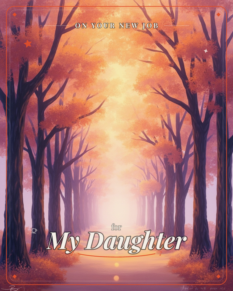 A long avenue of autumn trees arches over a quiet path, their orange and rust leaves glowing as if lit from within by a hazy golden light at the…, a new job e-card design