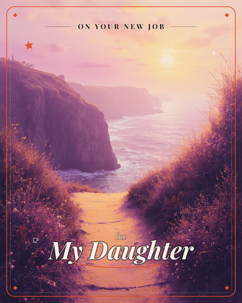 A dirt path winds between wildflower-covered banks toward a dramatic sea cliff at sunset, the ocean stretching out hazy and pink beyond the headland, a new job e-card design
