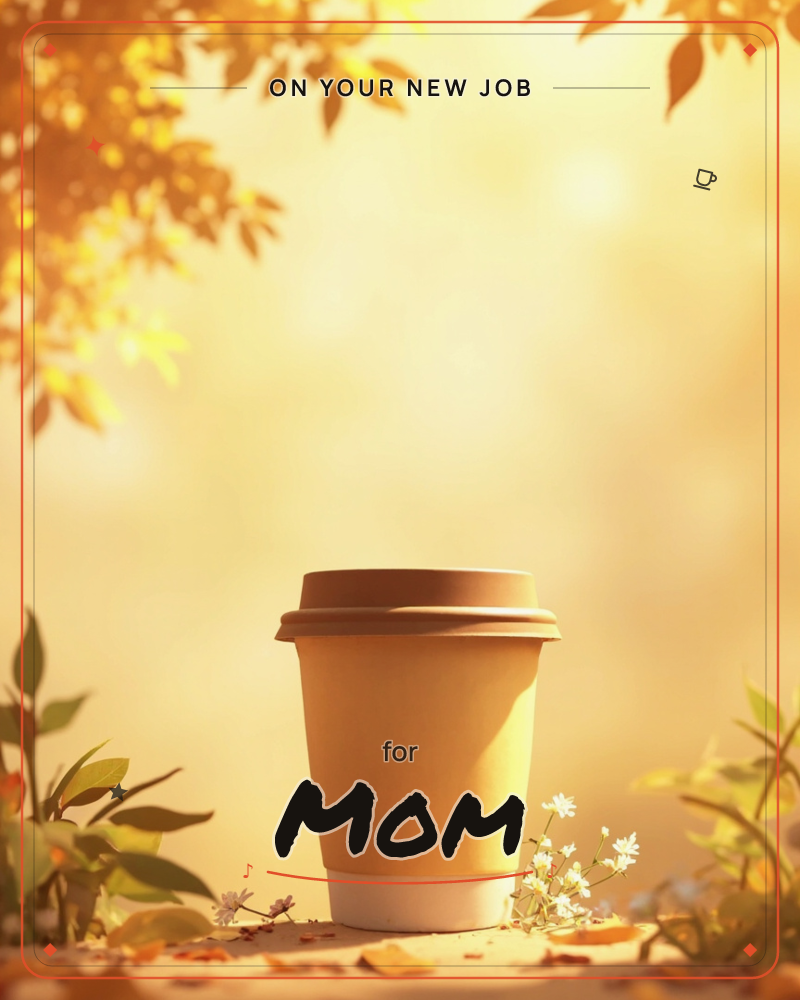 A takeaway coffee cup with its lid on sits on a sunlit ledge, framed by golden autumn leaves overhead and small white flowers at its base, a new job e-card design